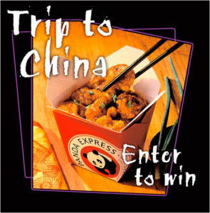 Panda Express Enter to win a trip to China promotion ad with a container of fresh orange chicken
