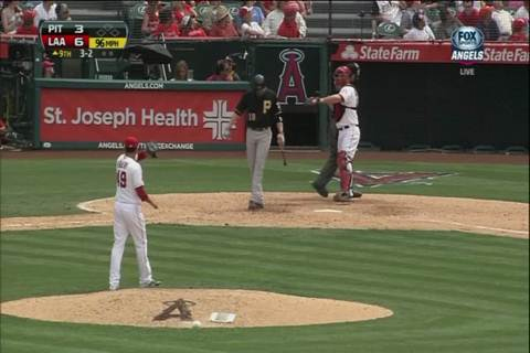 St. Joseph Health Homeplate backstop stadium ad during MLB Angels vs Pirates baseball game