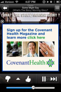 Covenant Health ad feet walking, doctor smiling, and wedding ring on hand mobile phone ad