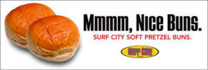 Surf City Soft pretzel buns ad with two buns on white background
