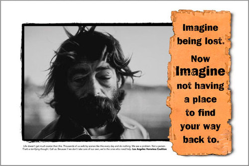 Black and white image of ungroomed homeless man's face looking down in La Homeless coalition newspaper ad