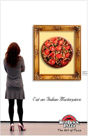 Women looking at picture of a pizza in a gold frame at an Art gallery, Red Brick Pizza effective magazine ad