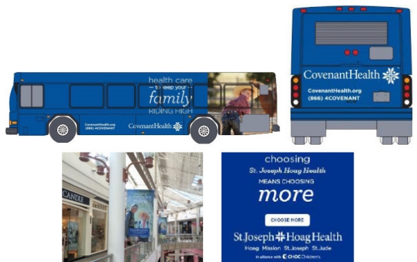 2 Examples of bus ads for Covenant Health, example of mall banner ad, and a St Joseph Health digital ad