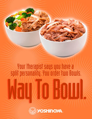 Yoshinoya traditional Japanese rice bowl advertisement showing delicious Beef and Vegetable bowls